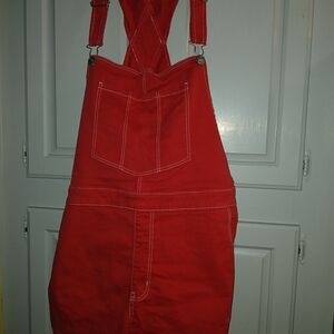 Red Women's Cotton Overall Dress with Contrast Stitching